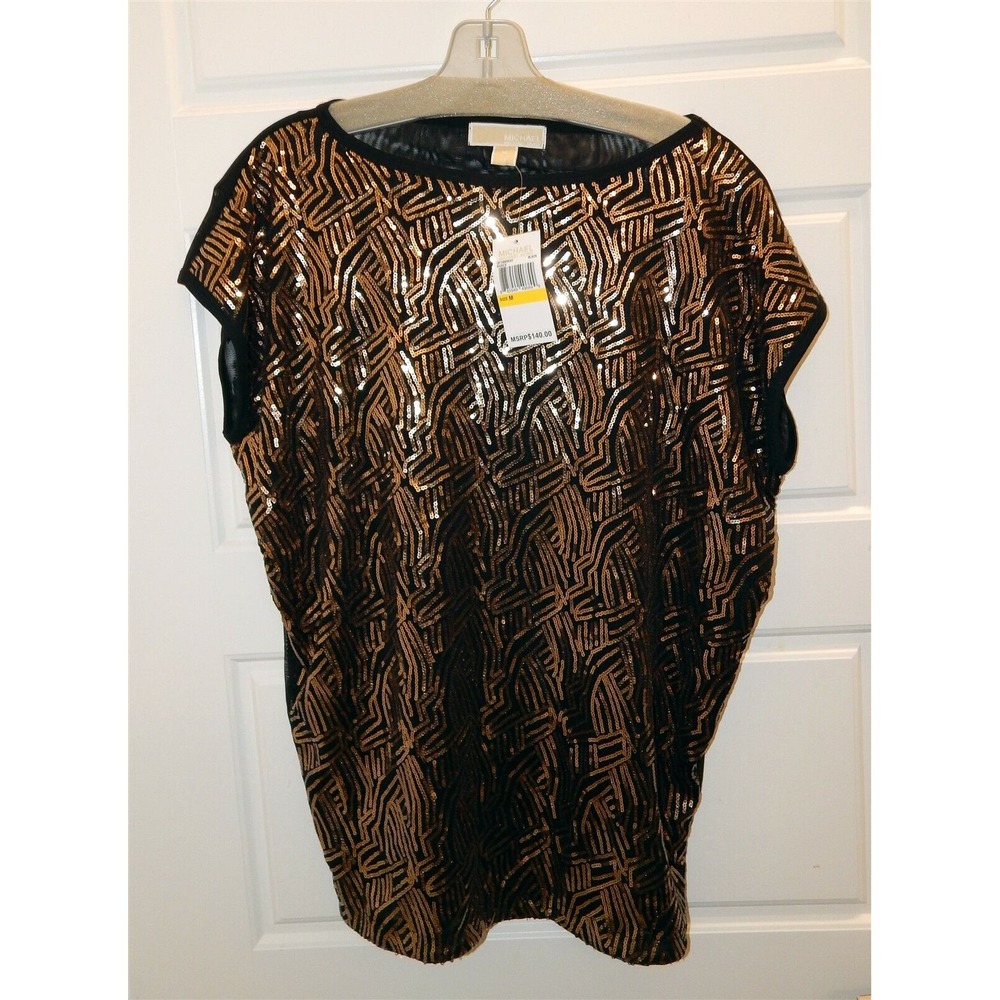 New Michael Kors sz M Black Gold Sequin Blouse $140rt